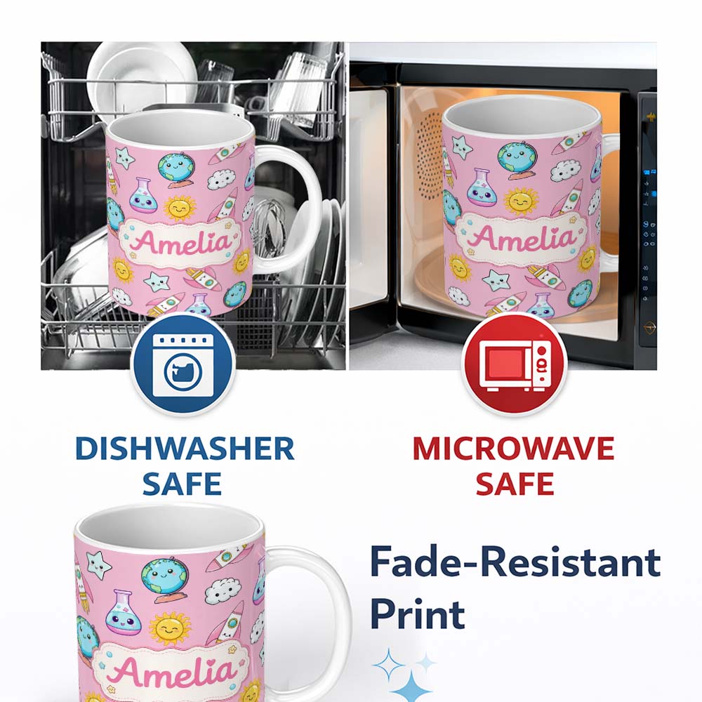 Personalized Custom Name Cute Kawaii Space Rockets Planets Globes Suns Stars Pink Seamless 11oz Ceramic Coffee Tea Mug White Large Handle