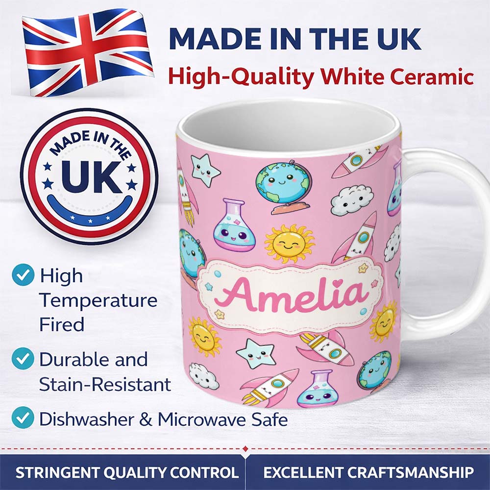 Personalized Custom Name Cute Kawaii Space Rockets Planets Globes Suns Stars Pink Seamless 11oz Ceramic Coffee Tea Mug White Large Handle