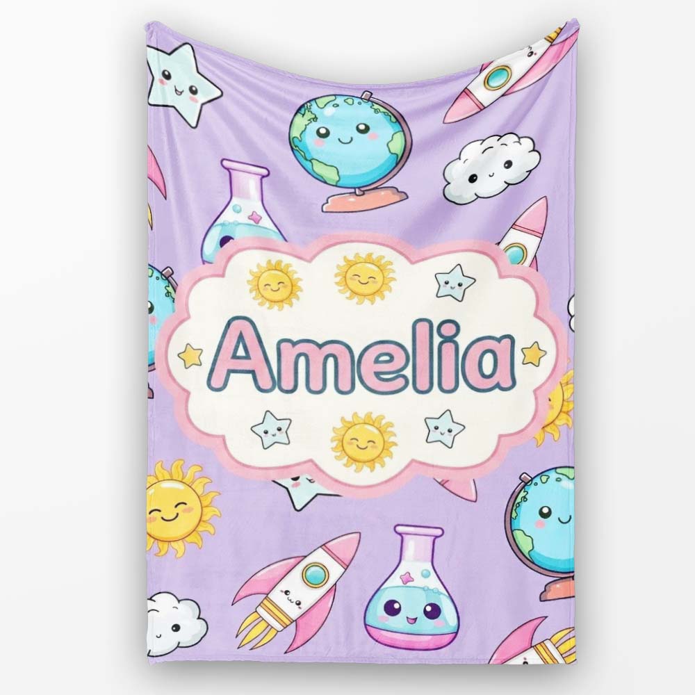 Cute Kawaii Space Rockets Planets Globes Suns Stars Purple Seamless Personalised Custom Name Super Soft Fleece Blanket Bed Sofa Throw