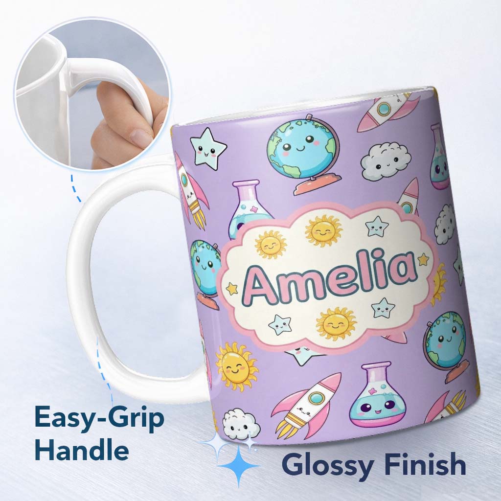 Personalized Custom Name Cute Kawaii Space Rockets Planets Globes Suns Stars Purple Seamless 11oz Ceramic Coffee Tea Mug White Large Handle
