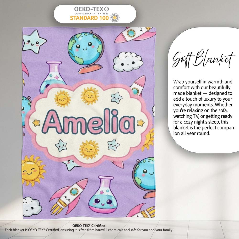 Cute Kawaii Space Rockets Planets Globes Suns Stars Purple Seamless Personalised Custom Name Super Soft Fleece Blanket Bed Sofa Throw