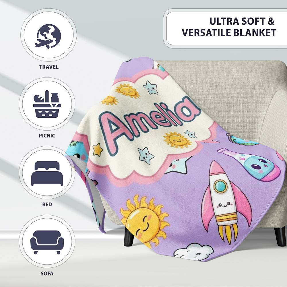 Cute Kawaii Space Rockets Planets Globes Suns Stars Purple Seamless Personalised Custom Name Super Soft Fleece Blanket Bed Sofa Throw