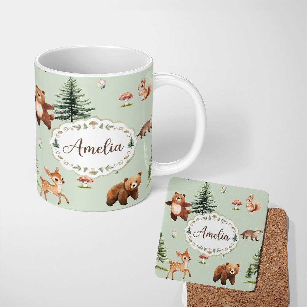 Personalized Custom Name Cute Woodland Forest Animals Bear Bunny Deer on Warm Beige Lovely 11oz Ceramic Coffee Tea Mug White Large Handle