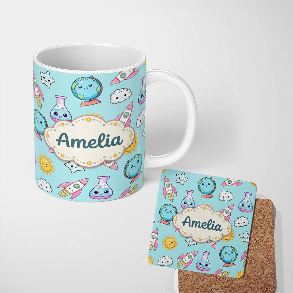 Personalized Custom Name Cute Kawaii Space Rockets Planets Globes Suns Stars Blue Seamless 11oz Ceramic Coffee Tea Mug White Large Handle