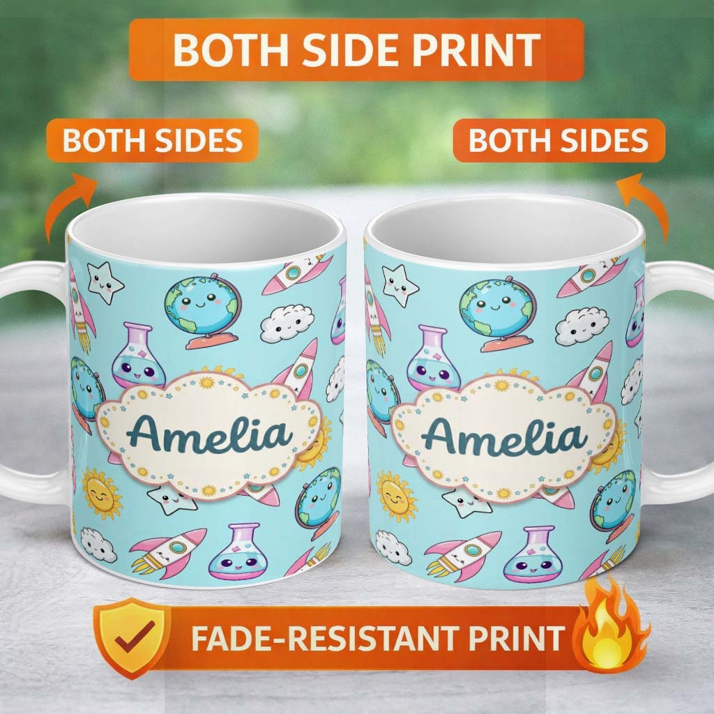 Personalized Custom Name Cute Kawaii Space Rockets Planets Globes Suns Stars Blue Seamless 11oz Ceramic Coffee Tea Mug White Large Handle