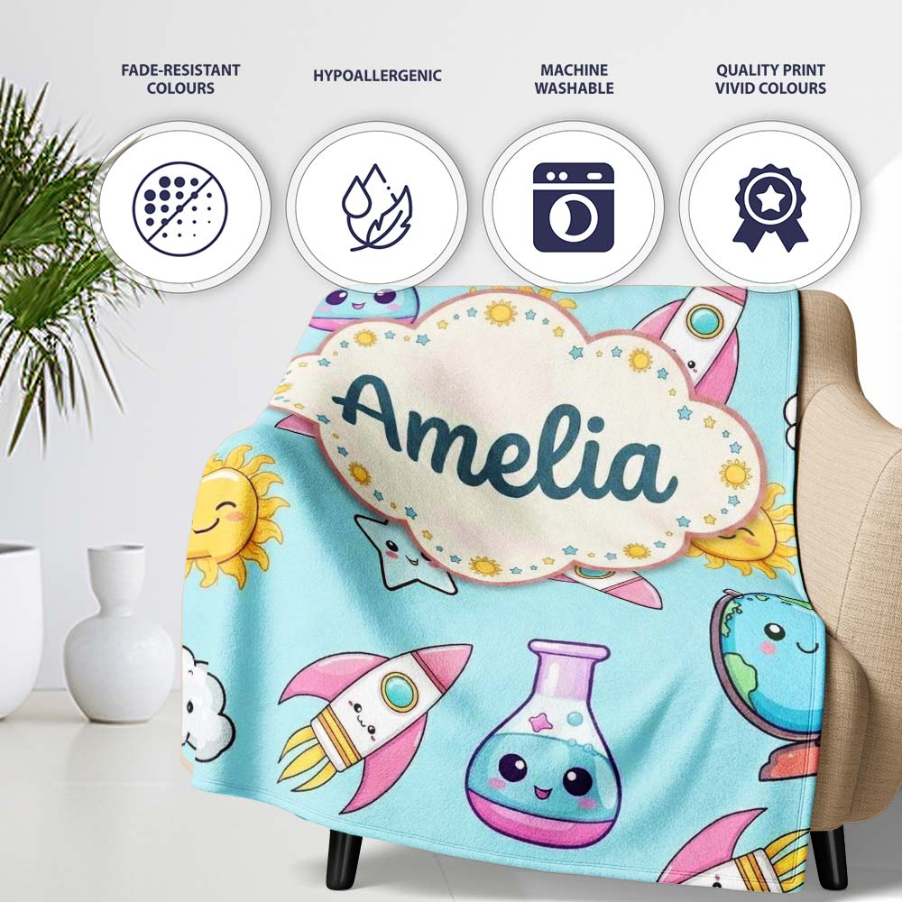 Cute Kawaii Space Rockets Planets Globes Suns Stars Blue Seamless Personalised Custom Name Super Soft Fleece Blanket Bed Sofa Throw