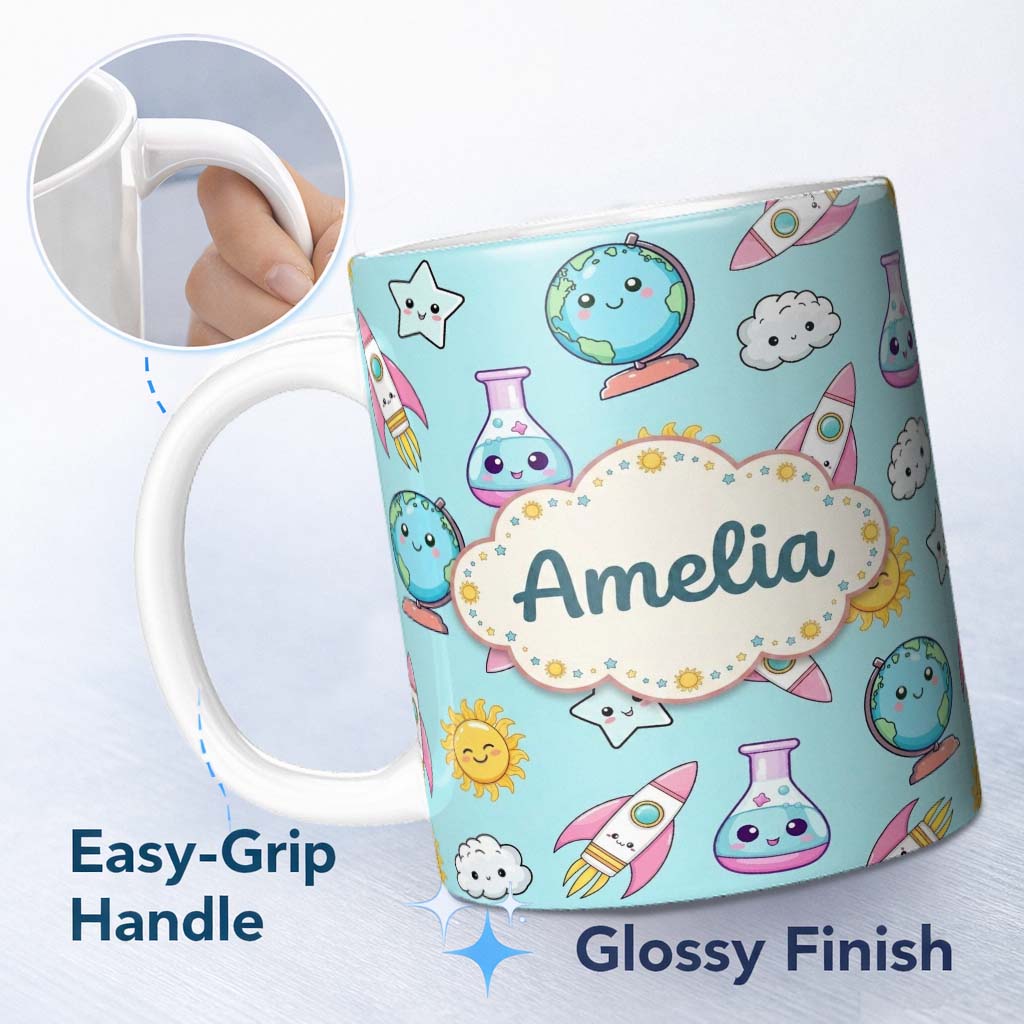Personalized Custom Name Cute Kawaii Space Rockets Planets Globes Suns Stars Blue Seamless 11oz Ceramic Coffee Tea Mug White Large Handle