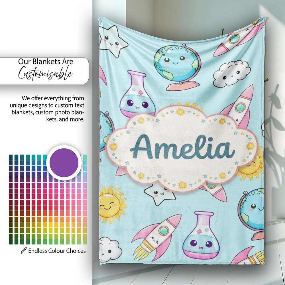 Cute Kawaii Space Rockets Planets Globes Suns Stars Blue Seamless Personalised Custom Name Super Soft Fleece Blanket Bed Sofa Throw