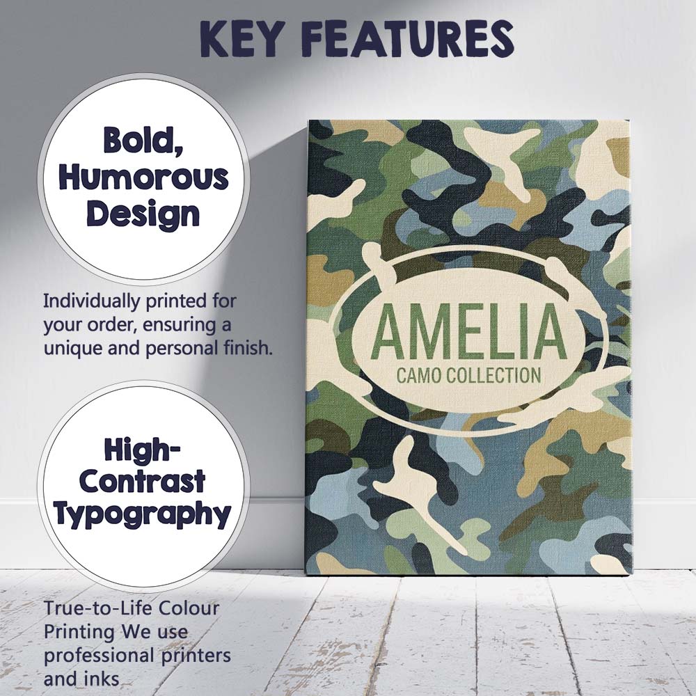 Personalised Name Multi Tone Woodland Camouflage Seamless Pattern Custom Bespoke Canvas Wall Art Print Decor Picture Ready to Hang