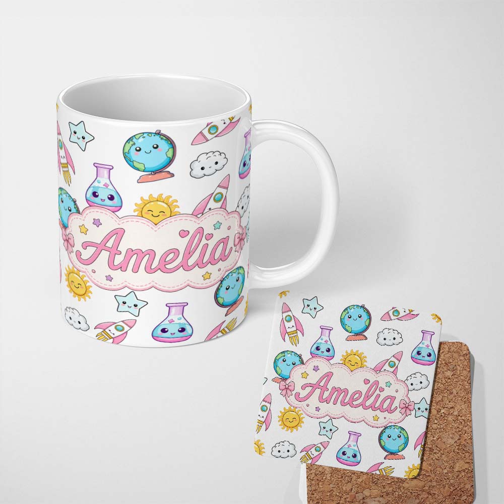 Personalized Custom Name Cute Kawaii Space Rockets Planets Globes Suns Stars Grey Seamless 11oz Ceramic Coffee Tea Mug White Large Handle