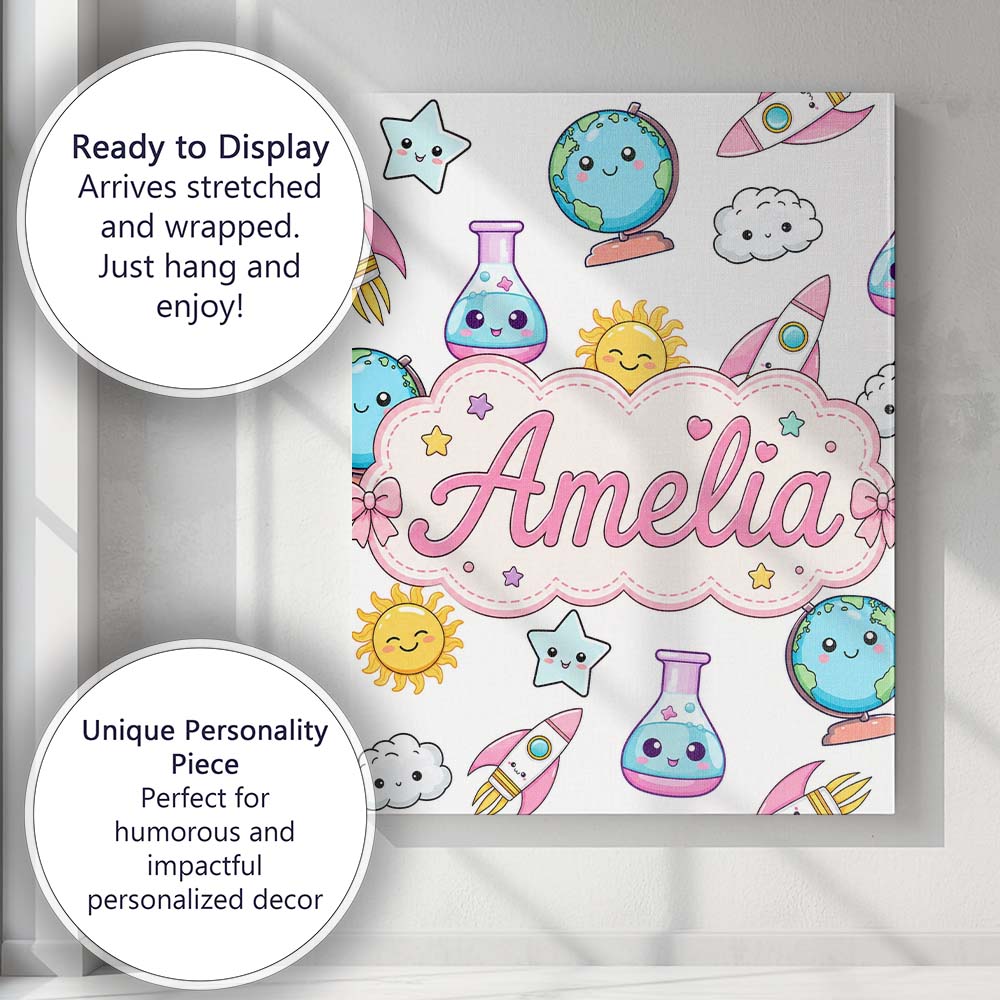 Personalised Name Cute Kawaii Space Rockets Custom Bespoke Interior Contemporary Canvas Wall Art Print Decor Picture Ready to Hang