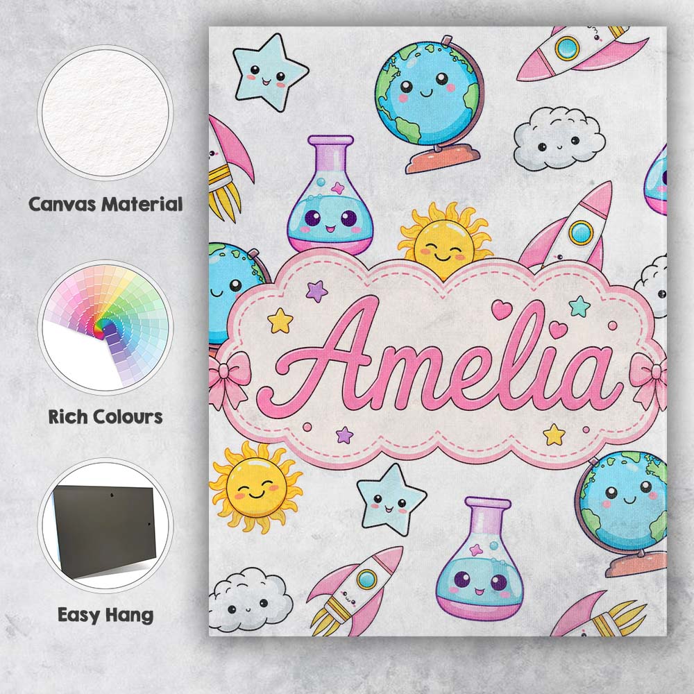 Personalised Name Cute Kawaii Space Rockets Custom Bespoke Interior Contemporary Canvas Wall Art Print Decor Picture Ready to Hang