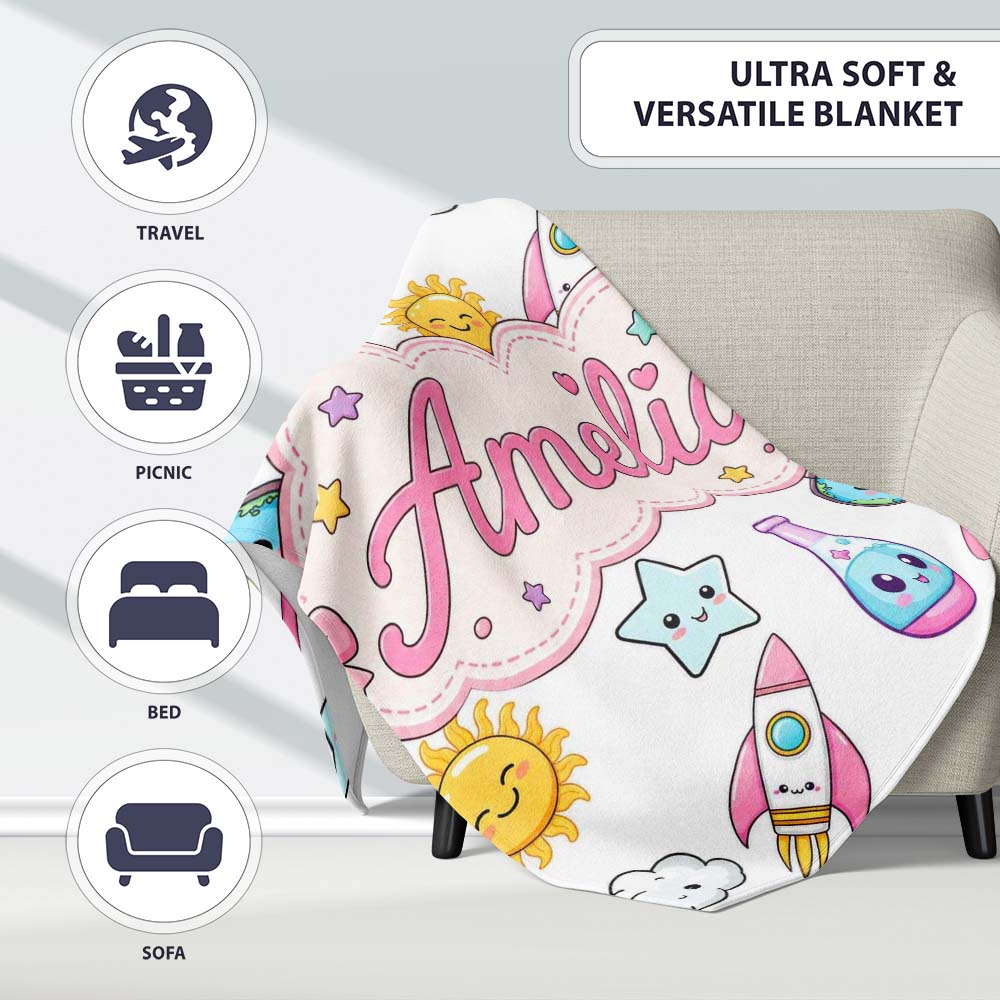 Cute Kawaii Space Rockets Planets Globes Suns Stars Grey Seamless Personalised Custom Name Super Soft Fleece Blanket Bed Sofa Throw