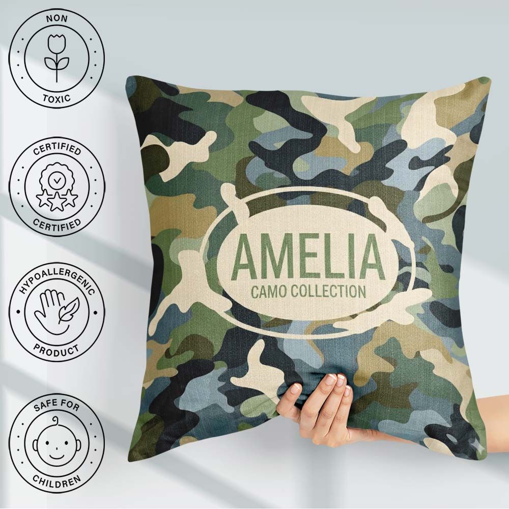 Custom Name Multi Tone Woodland Camouflage Seamless Pattern for Square Filled Cushion Throw Pillow Sofa Bed Home Decor Zip Washable UK Made