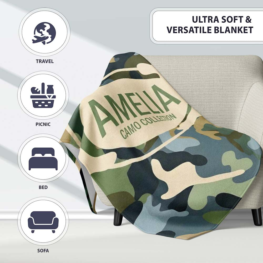 Multi Tone Woodland Camouflage Seamless Pattern Perfect Gift for Her Personalised Custom Name Super Soft Fleece Blanket Bed Sofa Throw