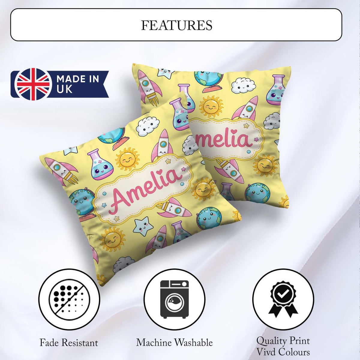 Custom Name Cute Kawaii Space Rockets Planets Globes Suns Yellow Square Filled Cushion Throw Pillow Sofa Bed Home Decor Zip Washable UK Made