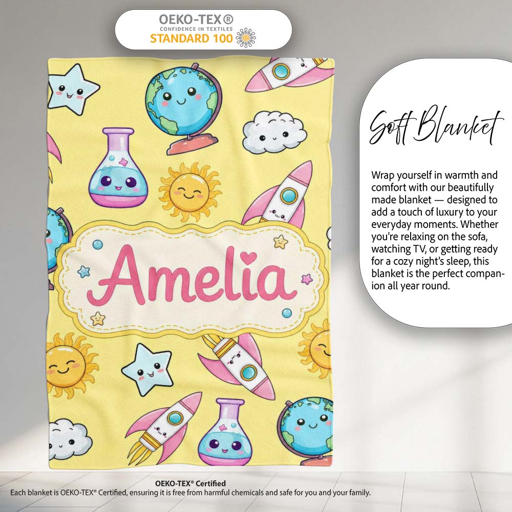 Cute Kawaii Space Rockets Planets Globes Suns Stars Yellow Seamless Personalised Custom Name Super Soft Fleece Blanket Bed Sofa Throw