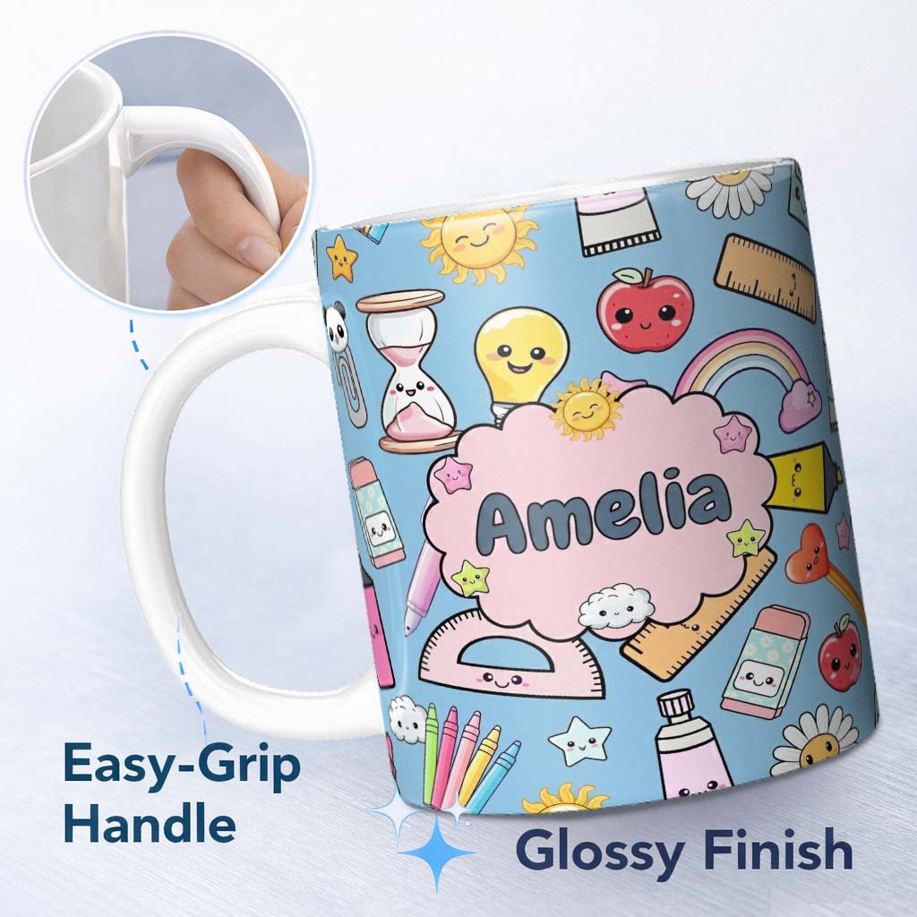 Personalized Custom Name Cute Kawaii School Supplies Glue Ruler Rainbow Apple Seamless 11oz Ceramic Coffee Tea Mug White Large Handle