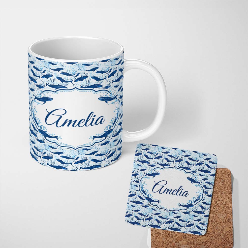 Personalized Custom Name Beige Whale Ocean Seamless Pattern Soft Marine Life Illustration 11oz Ceramic Coffee Tea Mug White Large Handle