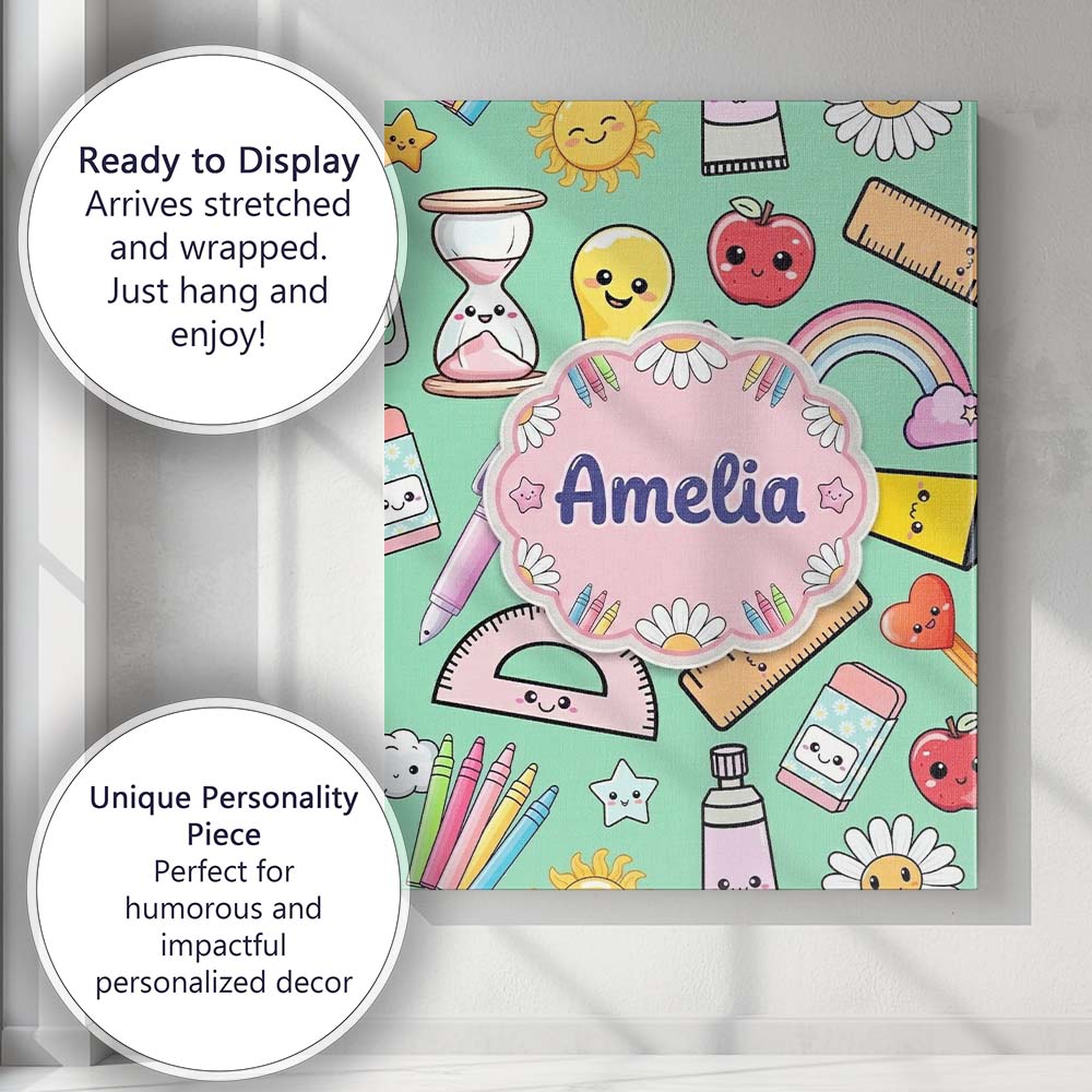 Personalised Name Cute Kawaii School Custom Premium Decorative Design Modern Room Accent Canvas Wall Art Print Decor Picture Ready to Hang