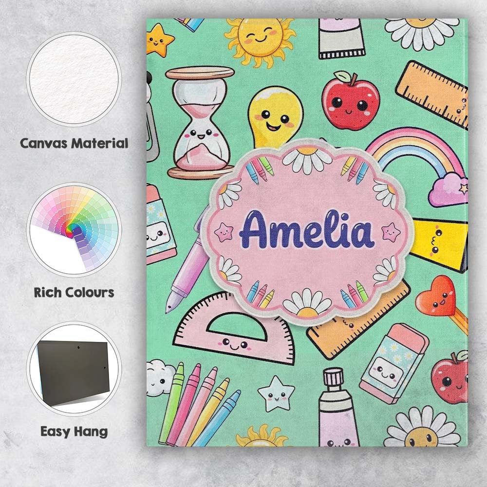 Personalised Name Cute Kawaii School Custom Premium Decorative Design Modern Room Accent Canvas Wall Art Print Decor Picture Ready to Hang