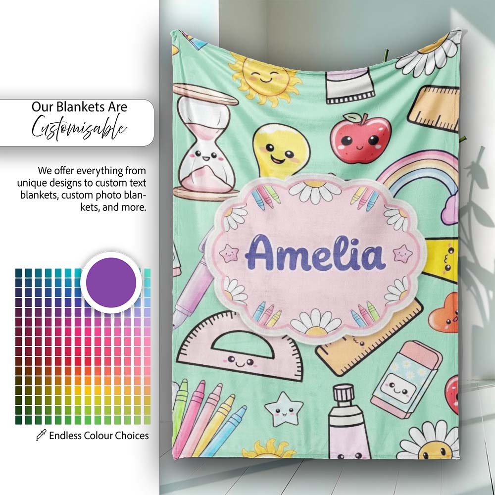 Cute Kawaii School Supplies Glue Ruler Rainbow Apple Green Seamless Personalised Custom Name Super Soft Fleece Blanket Bed Sofa Throw