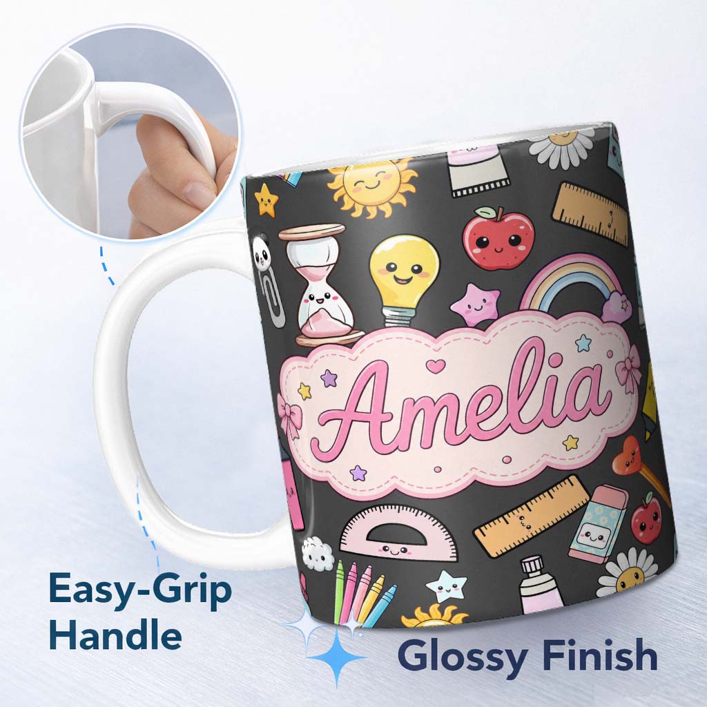 Personalized Custom Name Cute Kawaii School Supplies Rainbow Apple Glue Pen Ruler Seamless 11oz Ceramic Coffee Tea Mug White Large Handle