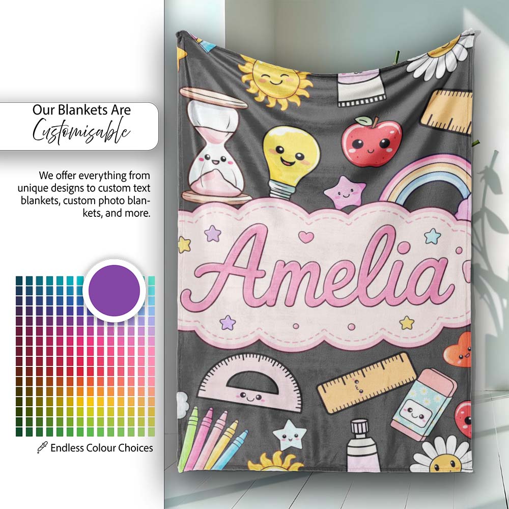 Cute Kawaii School Supplies Rainbow Apple Glue Pen Ruler Seamless Personalised Custom Name Super Soft Fleece Blanket Bed Sofa Throw