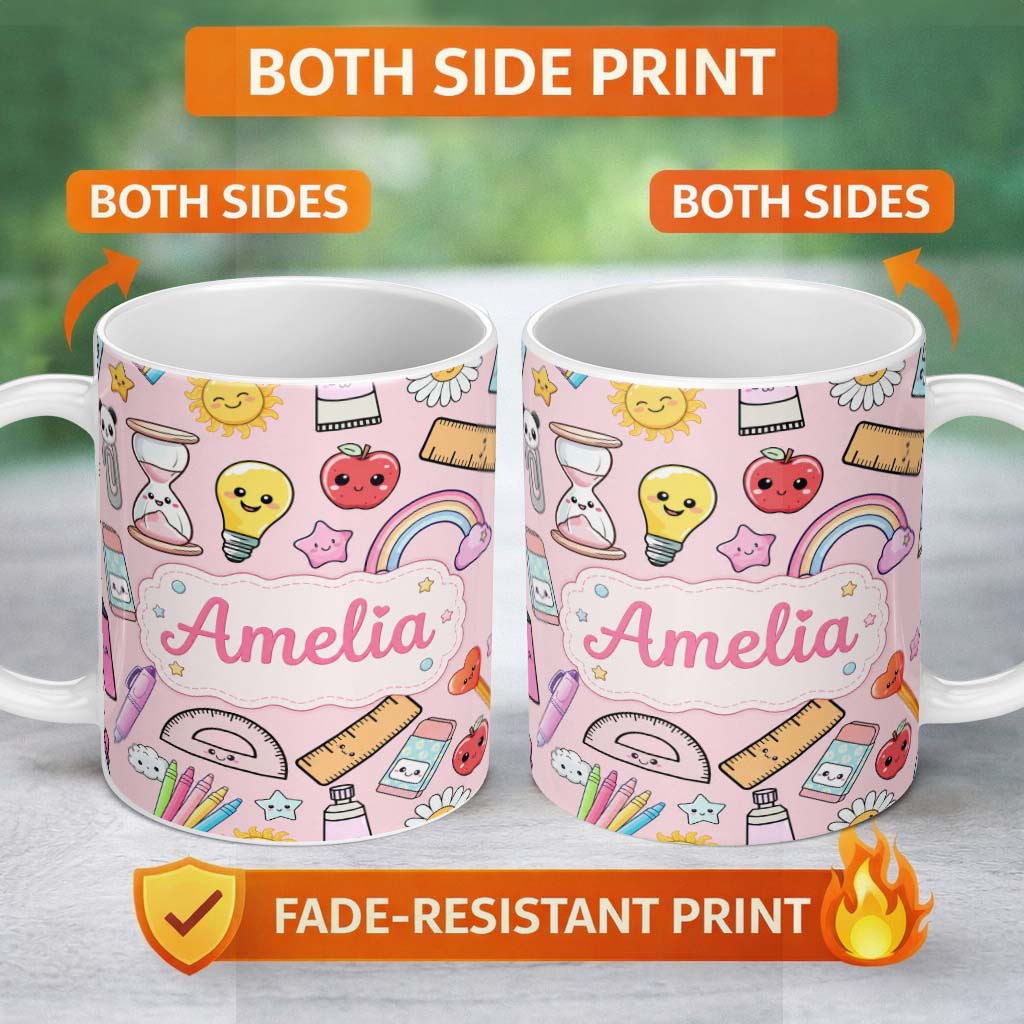 Personalized Custom Name School Supplies Pink Background Rainbow Apple Glue Pen Ruler 11oz Ceramic Coffee Tea Mug White Large Handle
