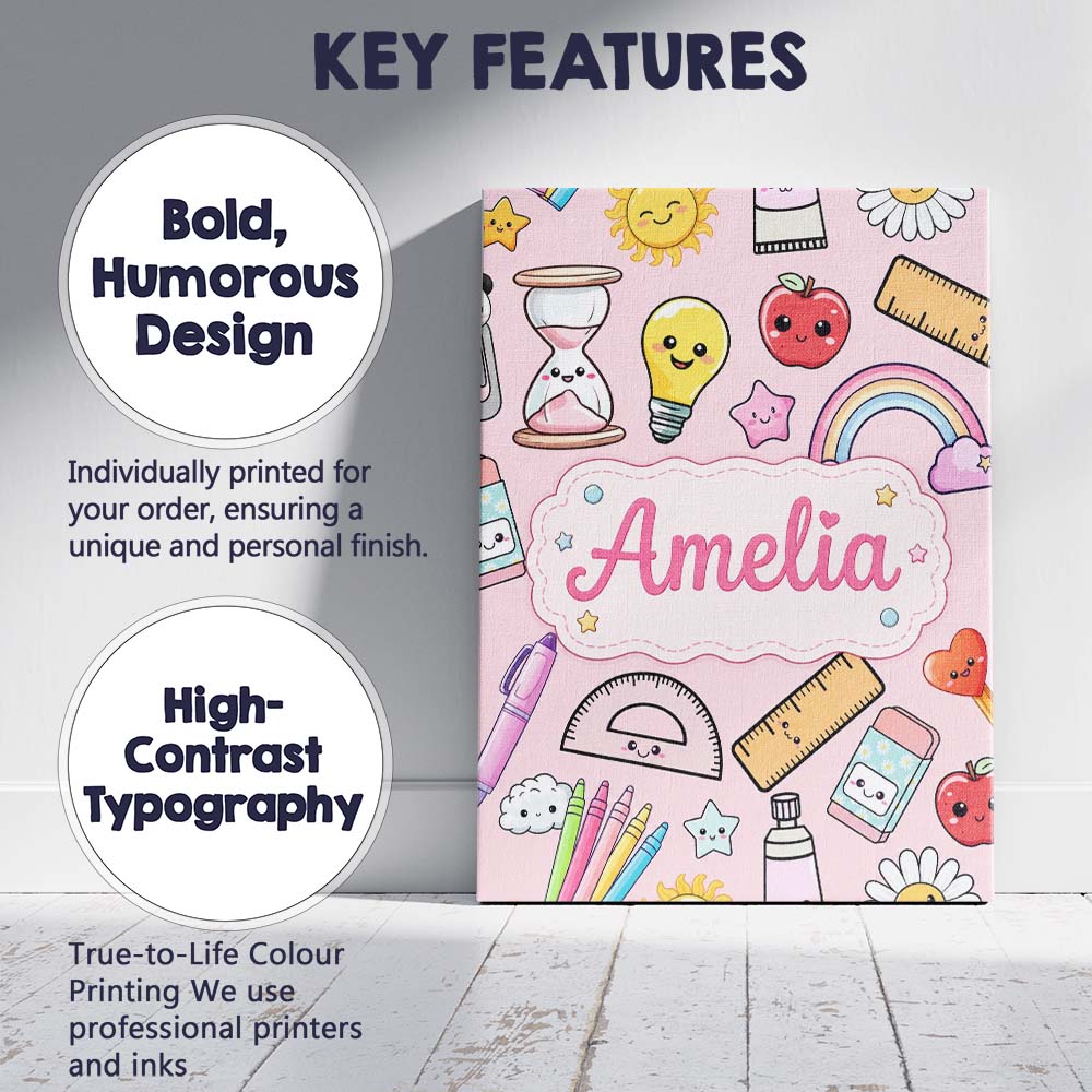 Personalised Name School Supplies Pink Custom Modern Room Accent Elegant Feature Canvas Wall Art Print Decor Picture Ready to Hang