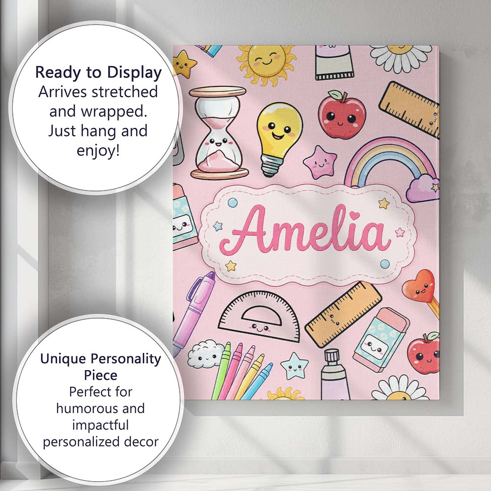 Personalised Name School Supplies Pink Custom Modern Room Accent Elegant Feature Canvas Wall Art Print Decor Picture Ready to Hang