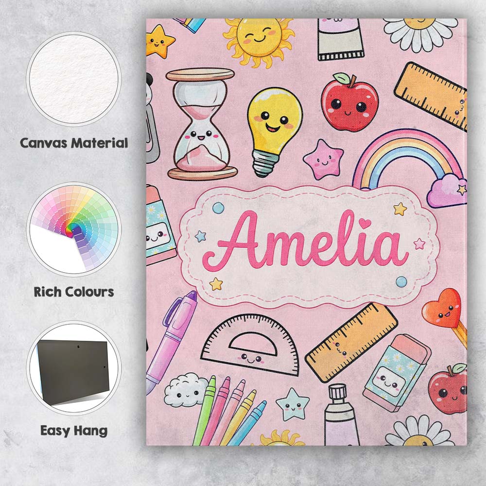 Personalised Name School Supplies Pink Custom Modern Room Accent Elegant Feature Canvas Wall Art Print Decor Picture Ready to Hang