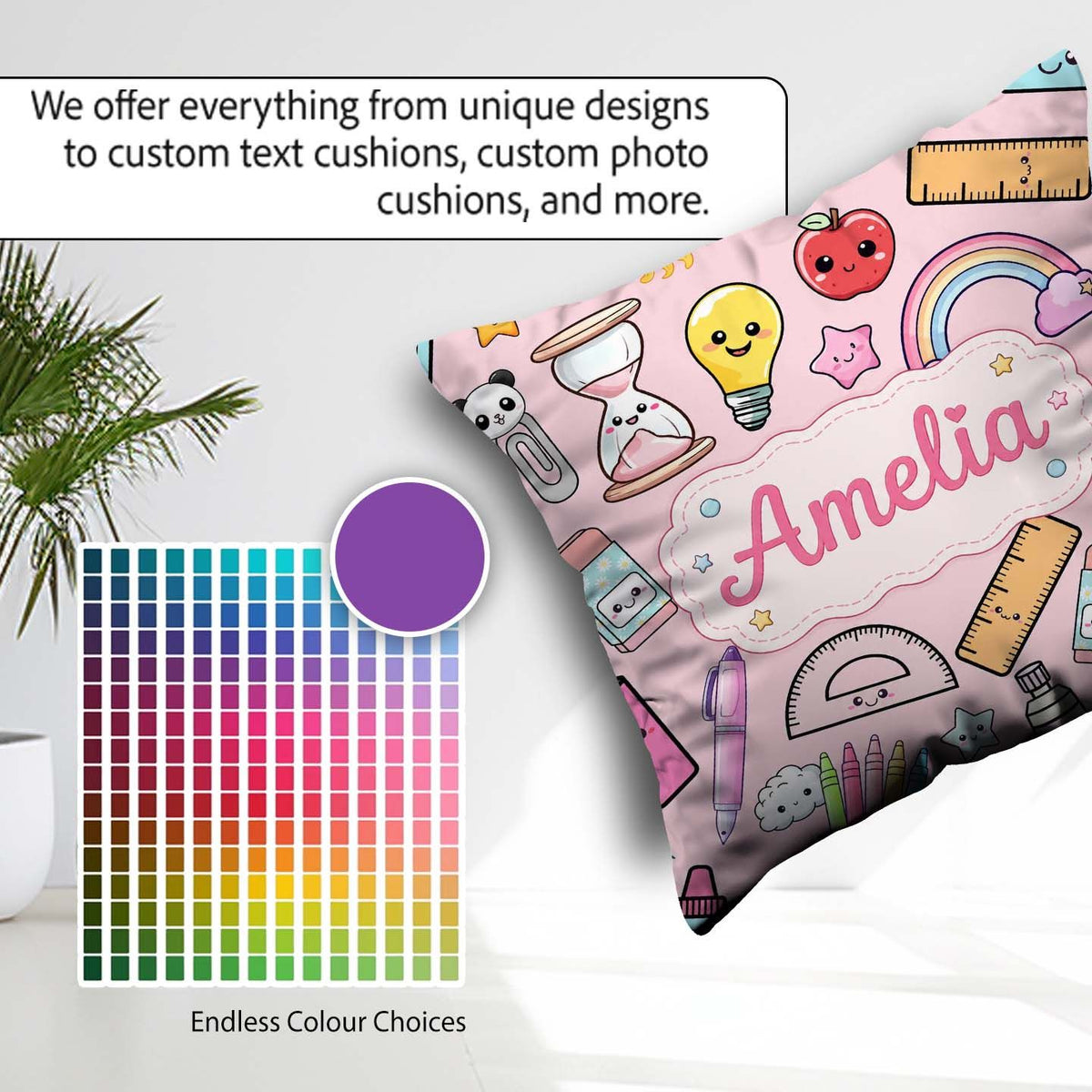 Custom Name School Supplies Pink Background Apple Glue Pen Ruler Square Filled Cushion Throw Pillow Sofa Bed Home Decor Zip Washable UK Made