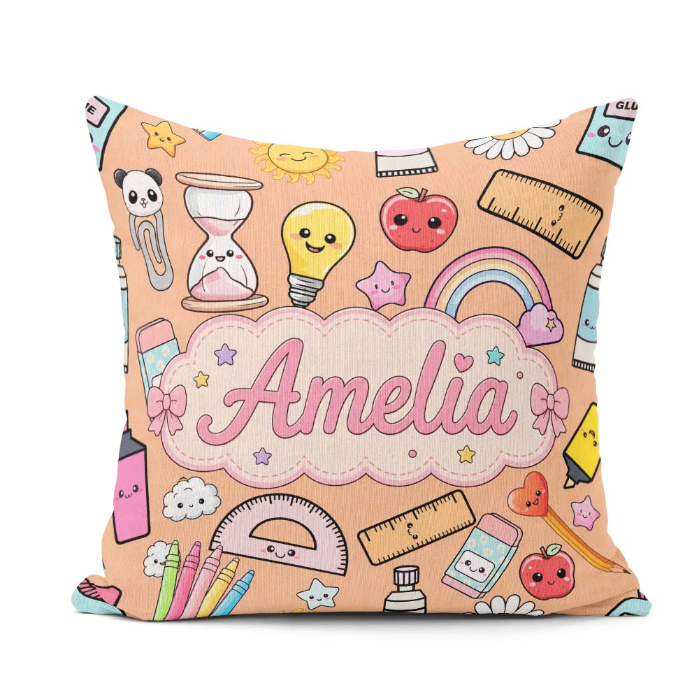Custom Name School Peach Background Rainbow Apple Glue Pen Ruler Square Filled Cushion Throw Pillow Sofa Bed Home Decor Zip Washable UK Made