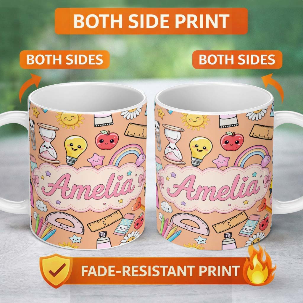 Personalized Custom Name School Supplies Peach Background Rainbow Apple Glue Pen Ruler 11oz Ceramic Coffee Tea Mug White Large Handle