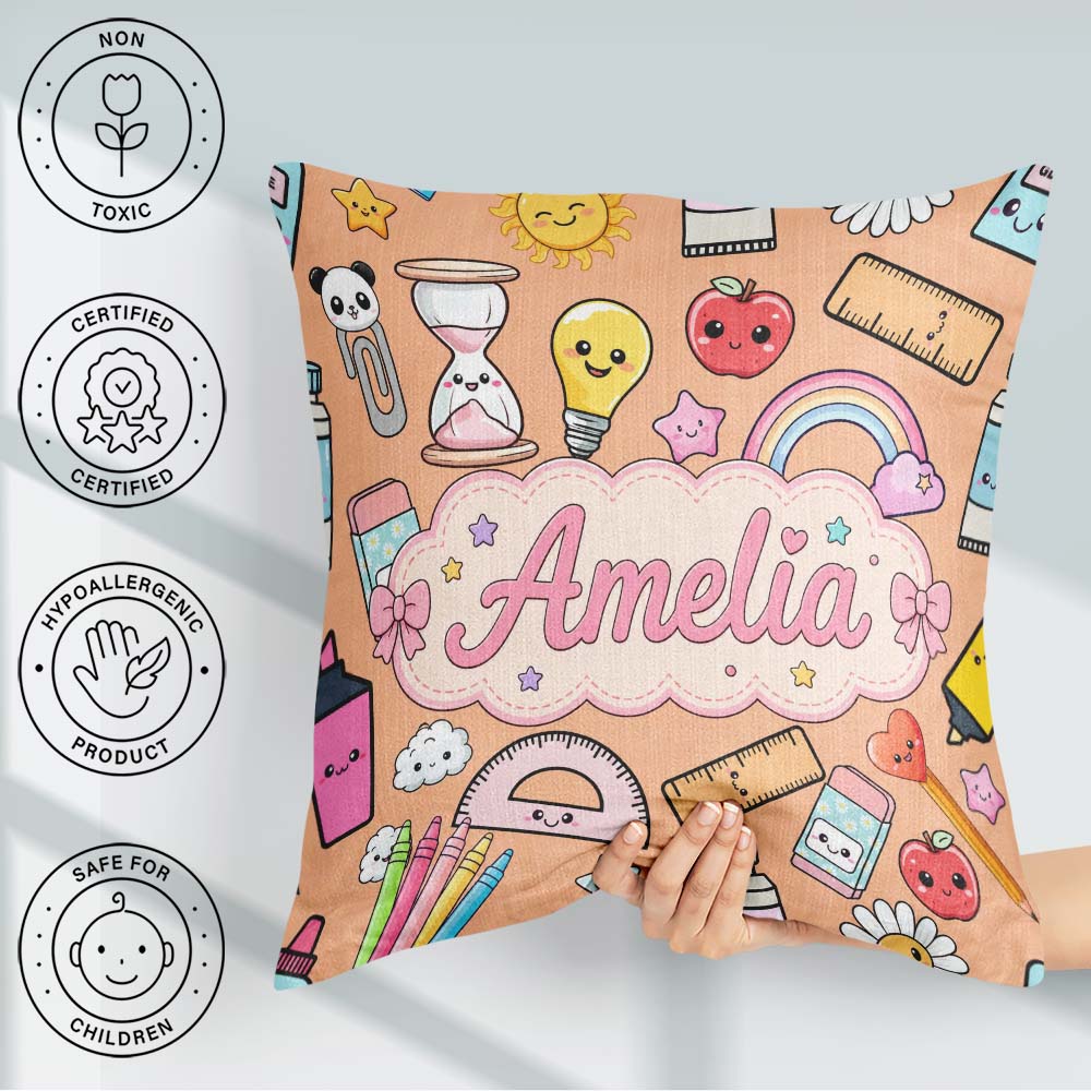 Custom Name School Peach Background Rainbow Apple Glue Pen Ruler Square Filled Cushion Throw Pillow Sofa Bed Home Decor Zip Washable UK Made