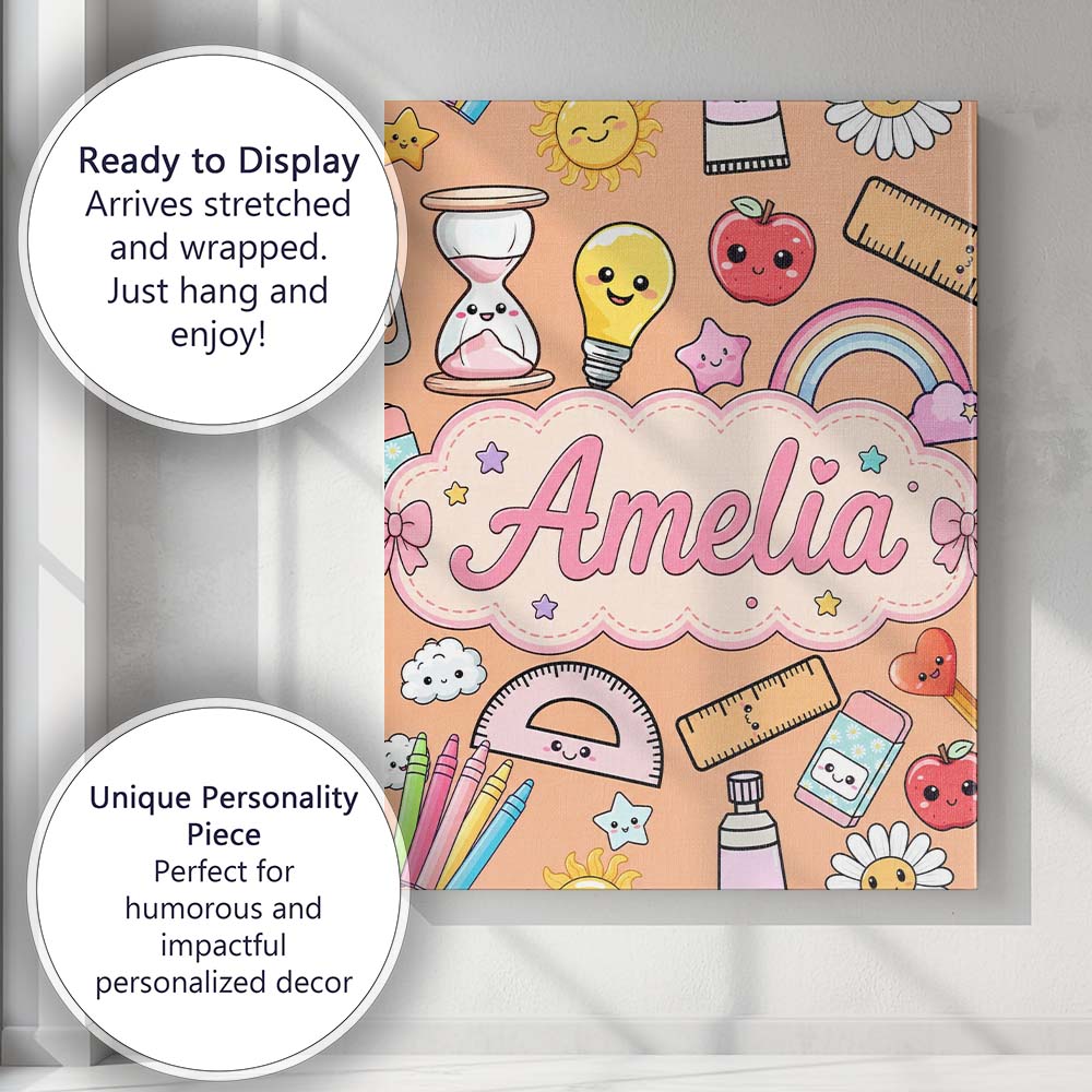 Personalised Name School Supplies Peach Custom Modern Room Accent Elegant Feature Canvas Wall Art Print Decor Picture Ready to Hang
