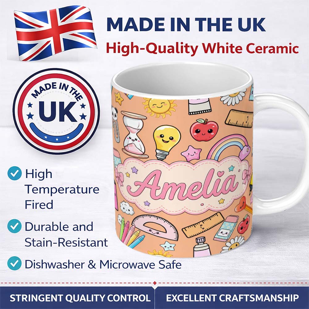 Personalized Custom Name School Supplies Peach Background Rainbow Apple Glue Pen Ruler 11oz Ceramic Coffee Tea Mug White Large Handle