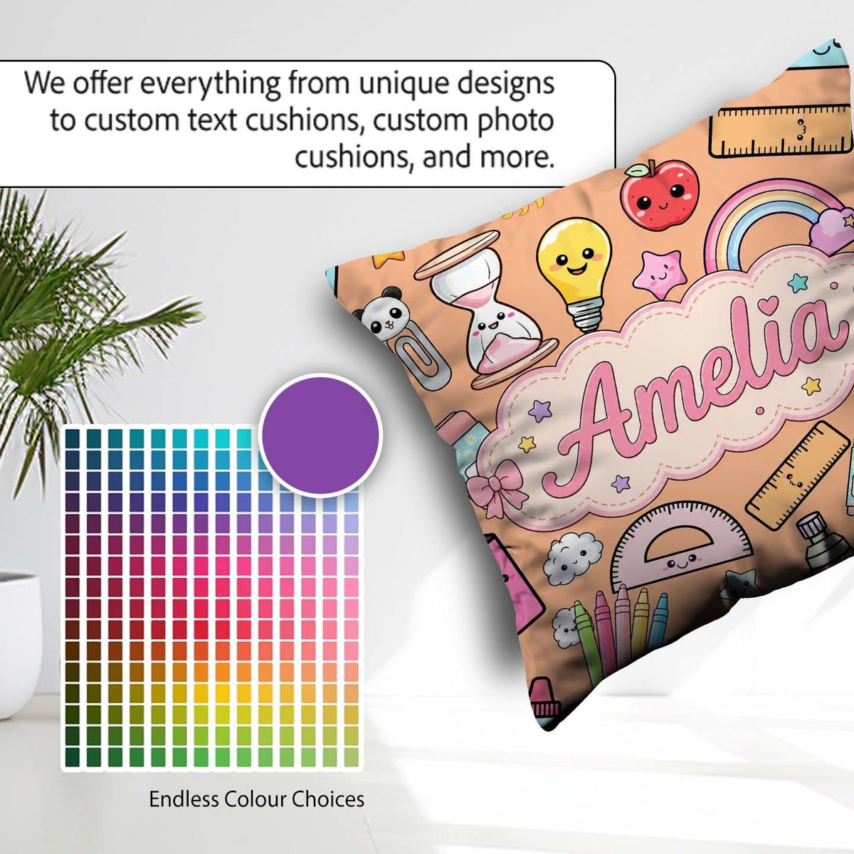 Custom Name School Peach Background Rainbow Apple Glue Pen Ruler Square Filled Cushion Throw Pillow Sofa Bed Home Decor Zip Washable UK Made