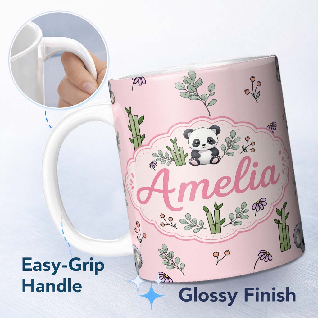 Personalized Custom Name Cute Panda Bamboo and Floral Minimal Seamless Pattern on Soft Pink 11oz Ceramic Coffee Tea Mug White Large Handle