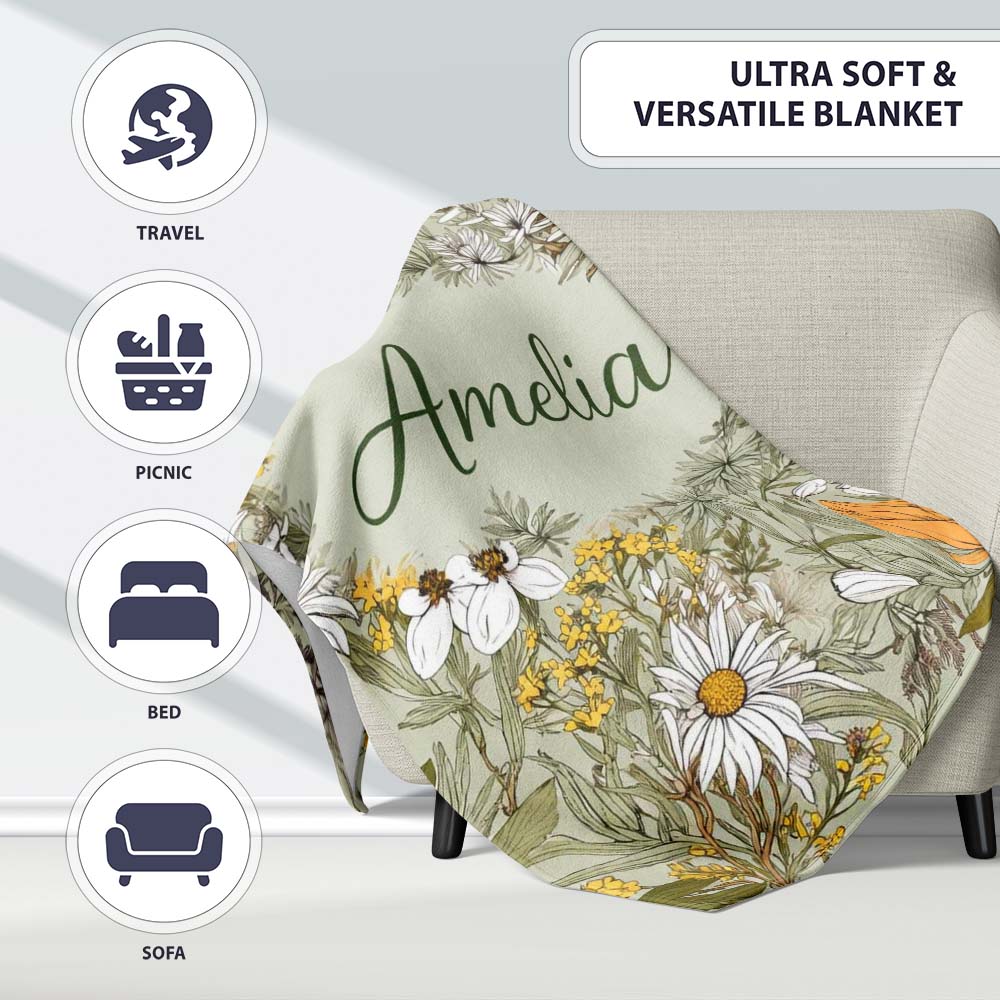 Vintage Botanical Floral Sage Green Detailed Seamless Pattern Lovely Personalised Custom Name Super Soft Fleece Blanket Bed Sofa Throw