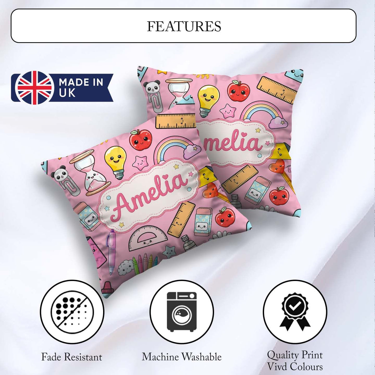 Custom Name School Supplies Soft Pink Rainbow Apple Pen Seamless Square Filled Cushion Throw Pillow Sofa Bed Home Decor Zip Washable UK Made