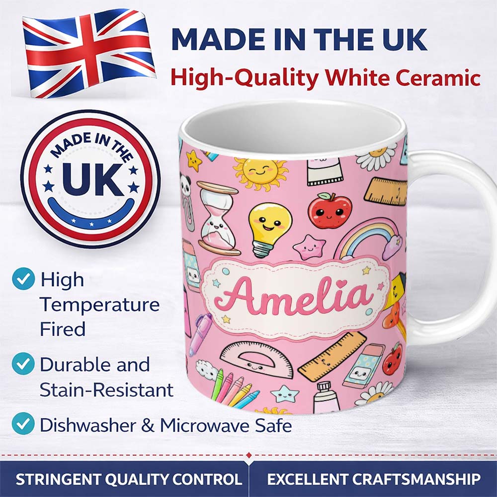 Personalized Custom Name School Supplies Soft Pink Rainbow Apple Glue Pen Ruler Seamless 11oz Ceramic Coffee Tea Mug White Large Handle