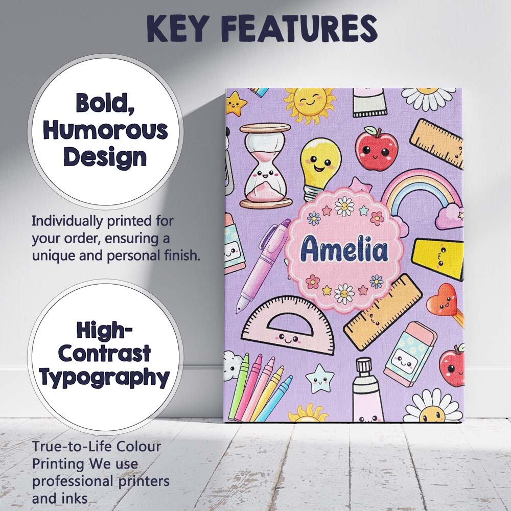 Personalised Name School Supplies Purple Custom Unique Gift Idea Elegant Feature Canvas Wall Art Print Decor Picture Ready to Hang