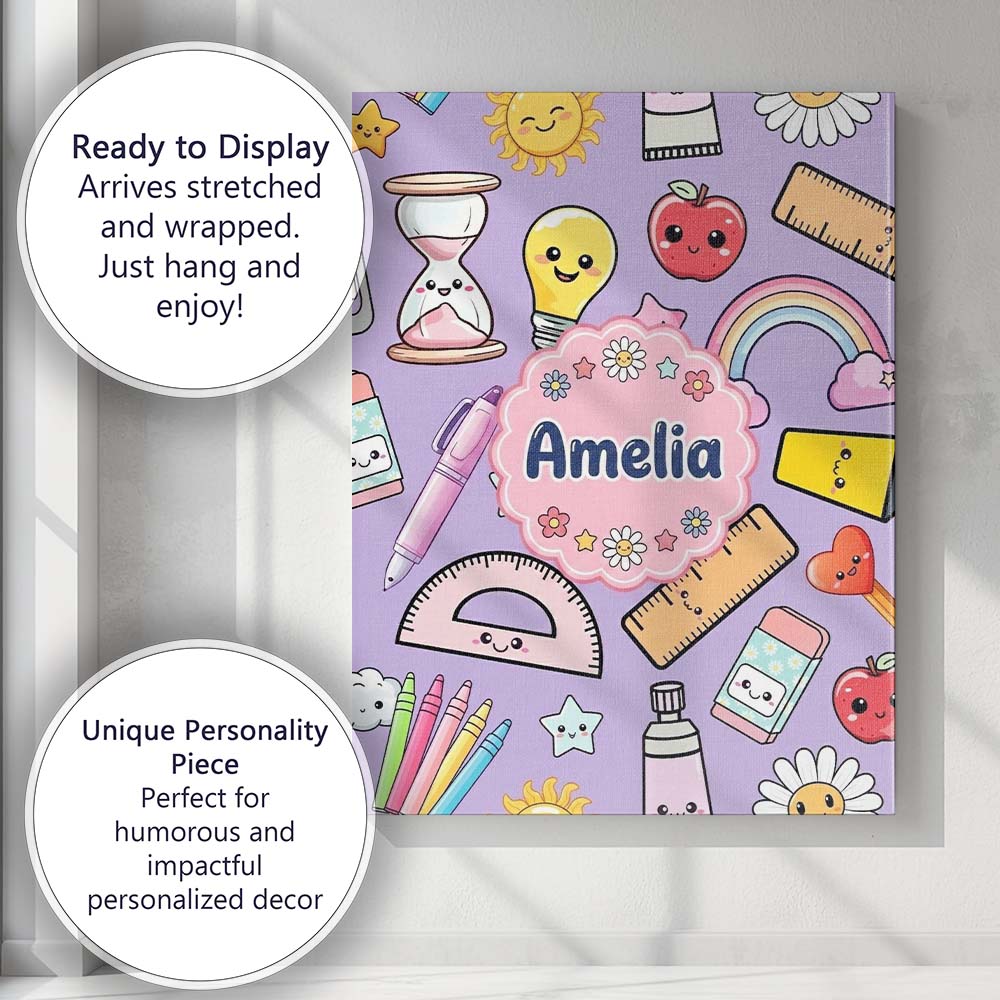Personalised Name School Supplies Purple Custom Unique Gift Idea Elegant Feature Canvas Wall Art Print Decor Picture Ready to Hang