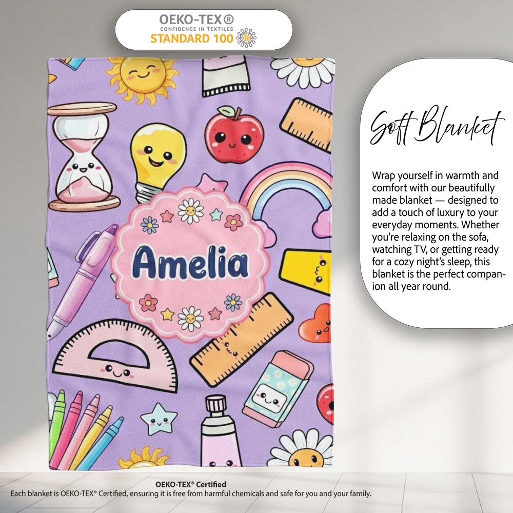 School Supplies Purple Background Rainbow Apple Glue Pen Ruler Personalised Custom Name Super Soft Fleece Blanket Bed Sofa Throw