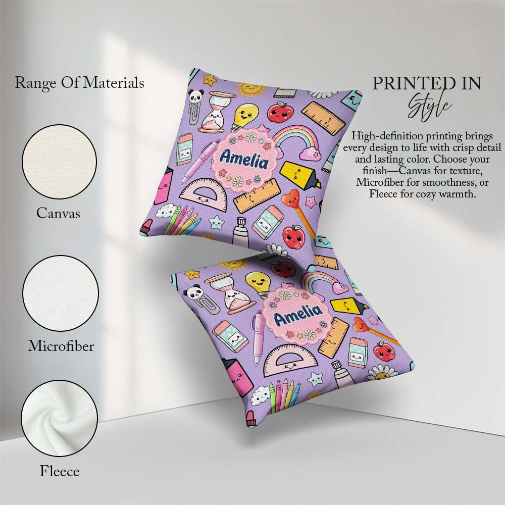 Custom Name School Supplies Purple Rainbow Apple Glue Pen Ruler Square Filled Cushion Throw Pillow Sofa Bed Home Decor Zip Washable UK Made