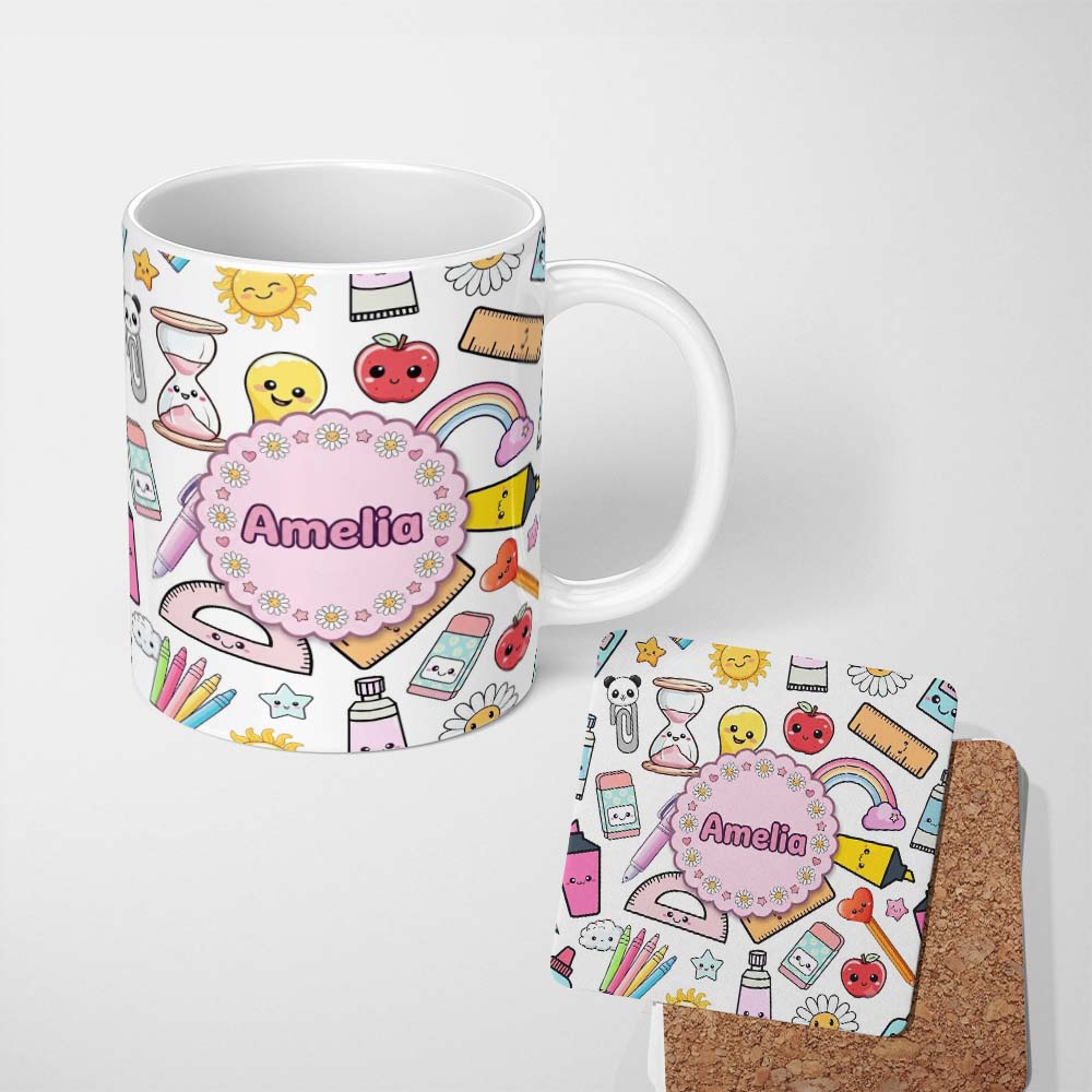 Personalized Custom Name School Supplies Grey Background Rainbow Apple Glue Pen Ruler 11oz Ceramic Coffee Tea Mug White Large Handle