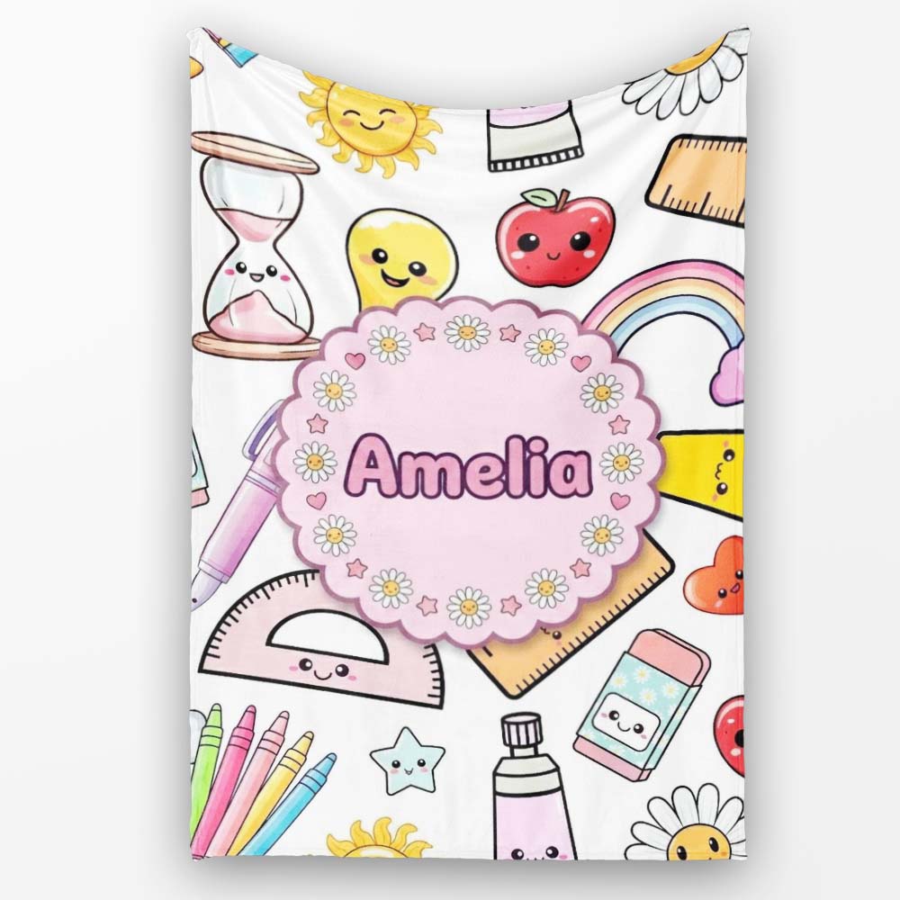 School Supplies Grey Background Rainbow Apple Glue Pen Ruler Personalised Custom Name Super Soft Fleece Blanket Bed Sofa Throw