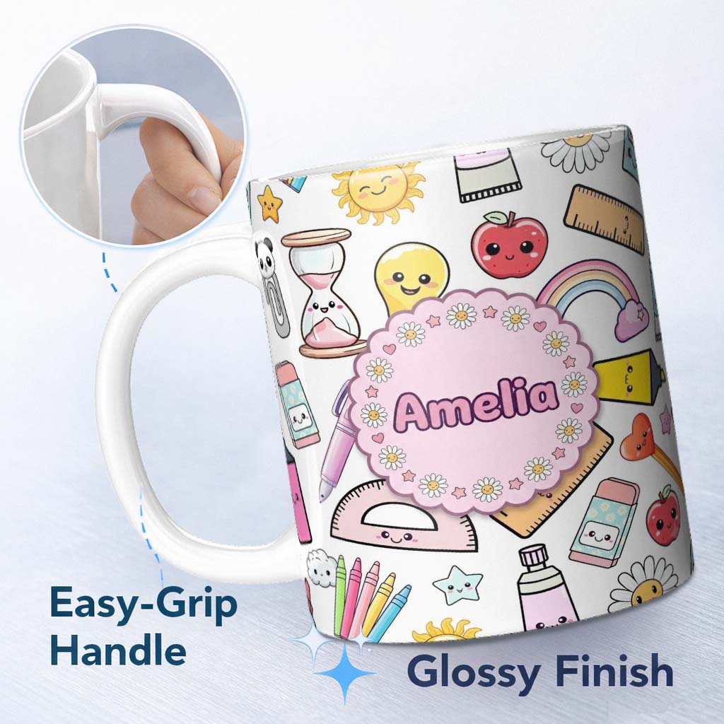 Personalized Custom Name School Supplies Grey Background Rainbow Apple Glue Pen Ruler 11oz Ceramic Coffee Tea Mug White Large Handle